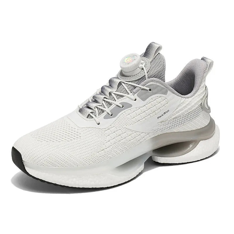 Men's white rotating button running shoes with breathable mesh upper and buckle fastening