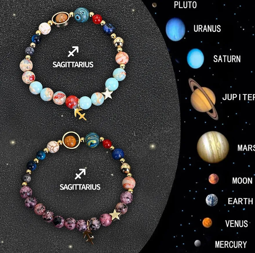 Two natural stone beaded bracelets featuring twelve zodiac sign symbols for astrology lovers.