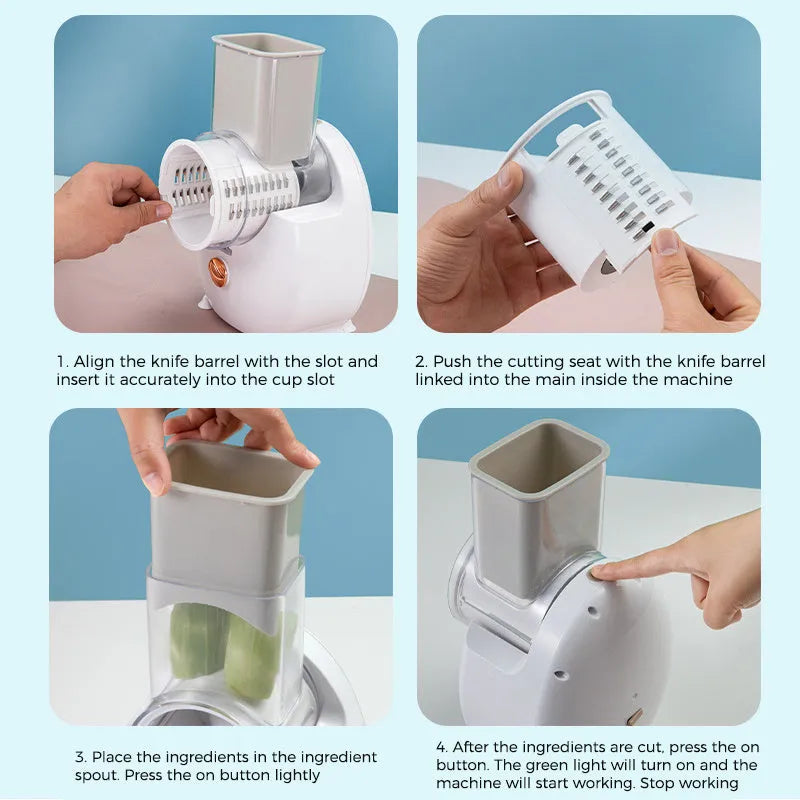 White electric vegetable slicer with rotary grater, feeding port, and strong suction base on a kitchen counter.