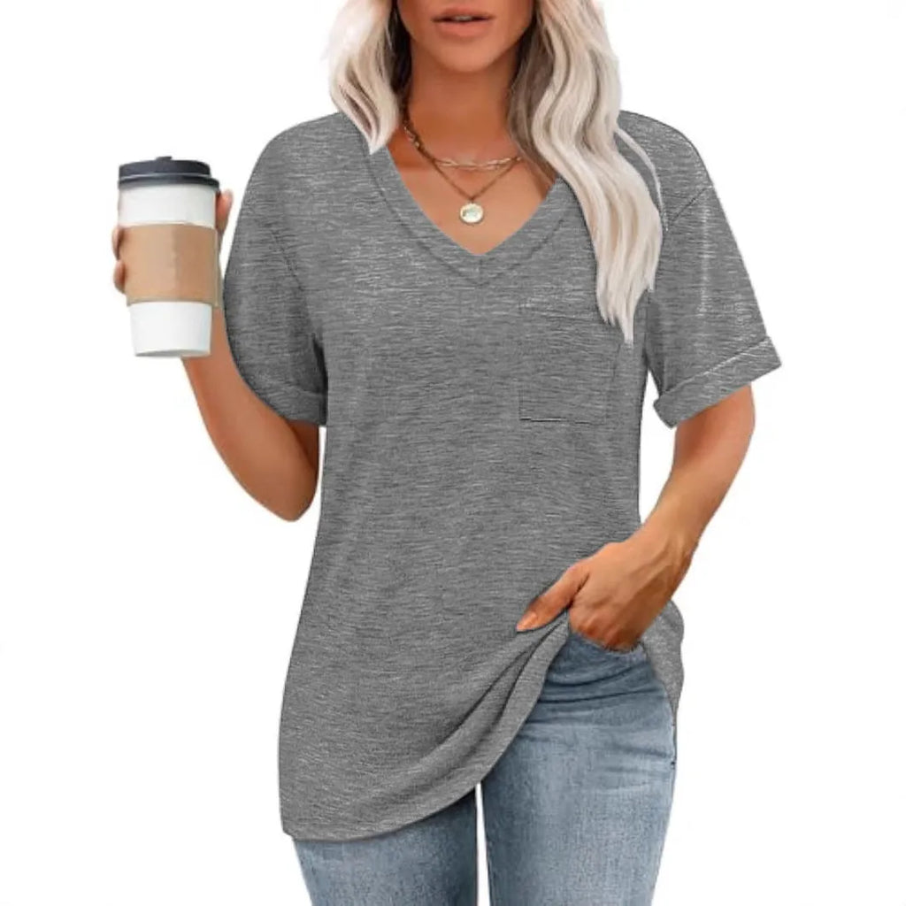 Grey loose fit V-neck T-shirt with chest pocket and short sleeves