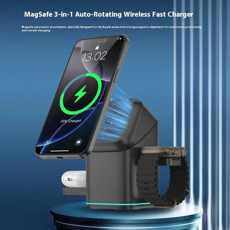 Mobile phone magnetic wireless charging stand showing 180-degree rotation feature in black finish