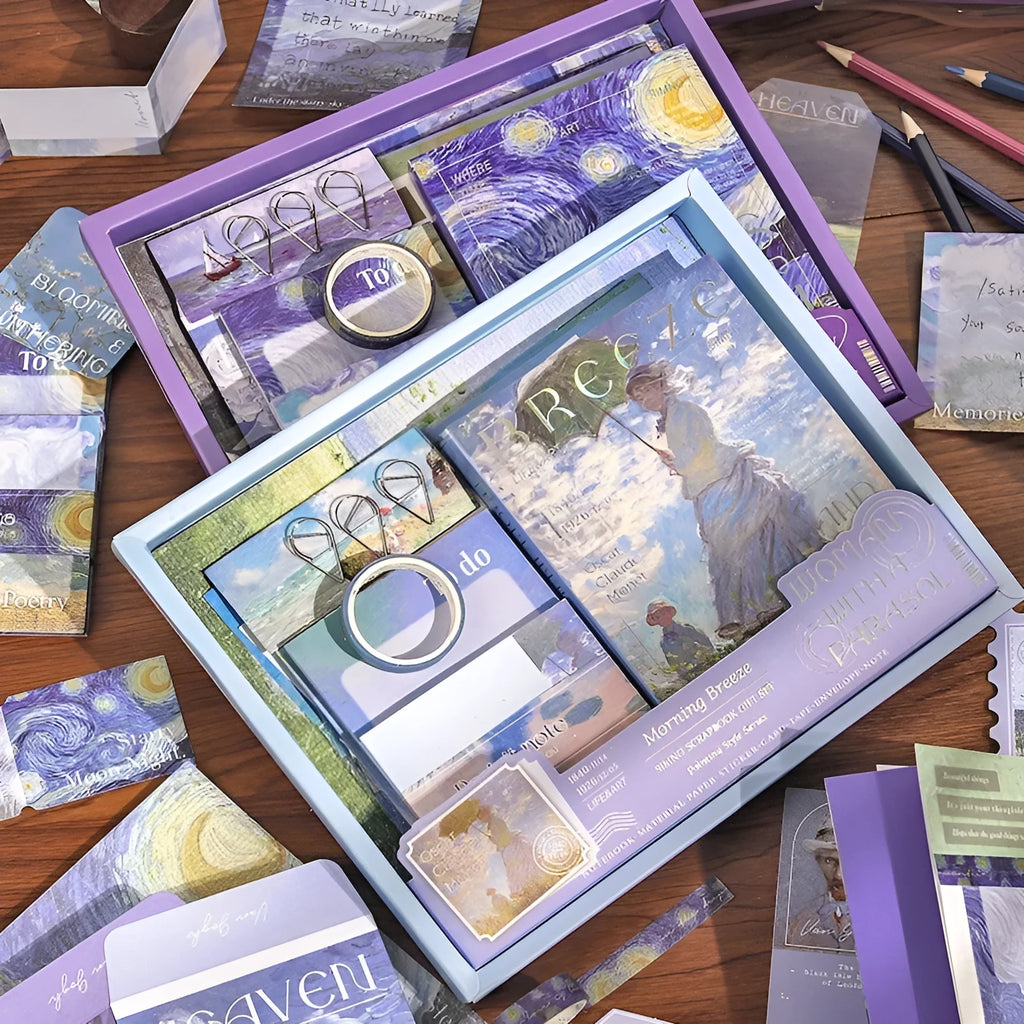 A6 creative journal gift box with grid notebook, paper sheets, cards, envelopes, and decorative stationery accessories