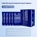 Toilet bubble descaling and anti-blocking powder in blue or pink fragrance, showing box of sachets and large bag options.