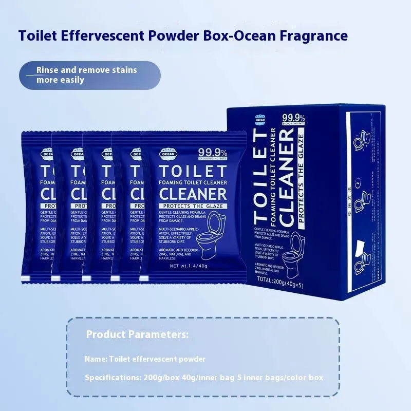Toilet bubble descaling and anti-blocking powder in blue or pink fragrance, showing box of sachets and large bag options.