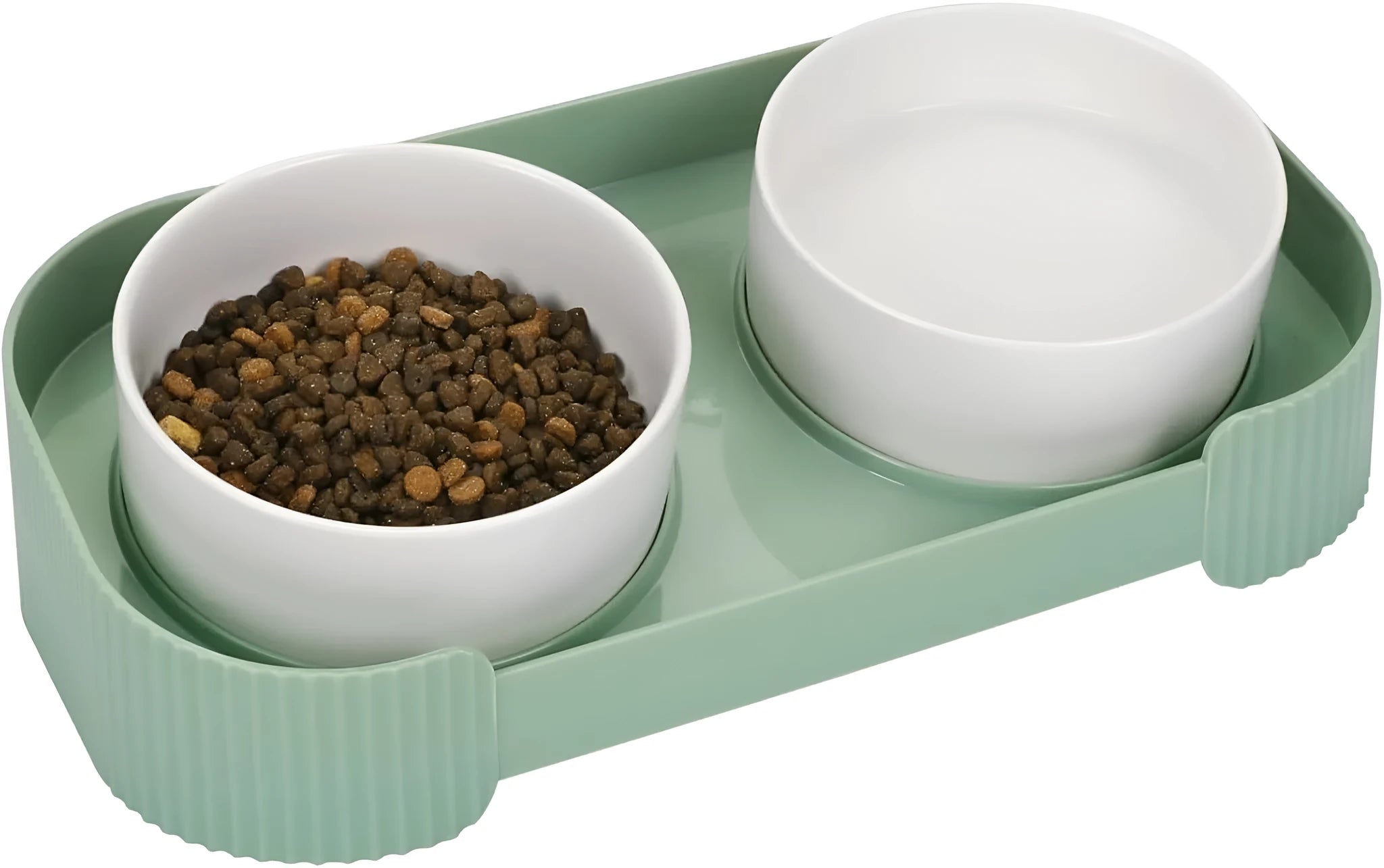 Ceramic elevated cat bowls with 15-degree tilted stand in green, white, or yellow colours