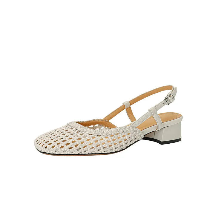 Women's woven hollow-out sandals with chunky heel and adjustable buckle in beige colour