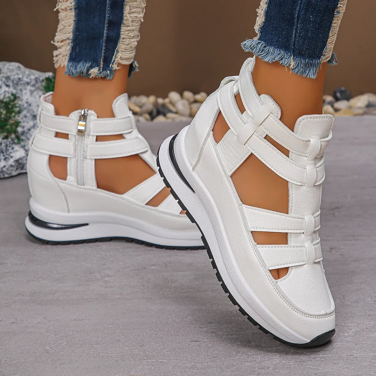 Black women's platform sandals with hollow-out design and Velcro strap
