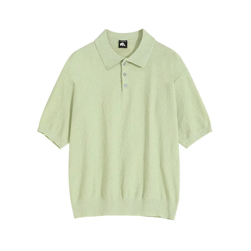 Men's caramel coloured retro knitted polo shirt with asymmetrical design and short sleeves