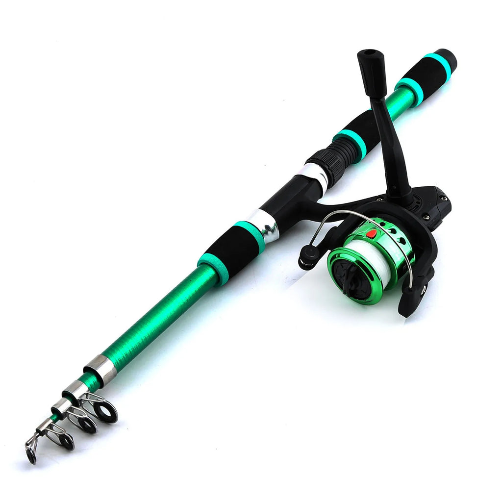 Children's fishing rod with integrated pole and wheel in blue, green, red or yellow colours