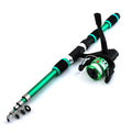 Children's fishing rod with integrated pole and wheel in blue, green, red or yellow colours