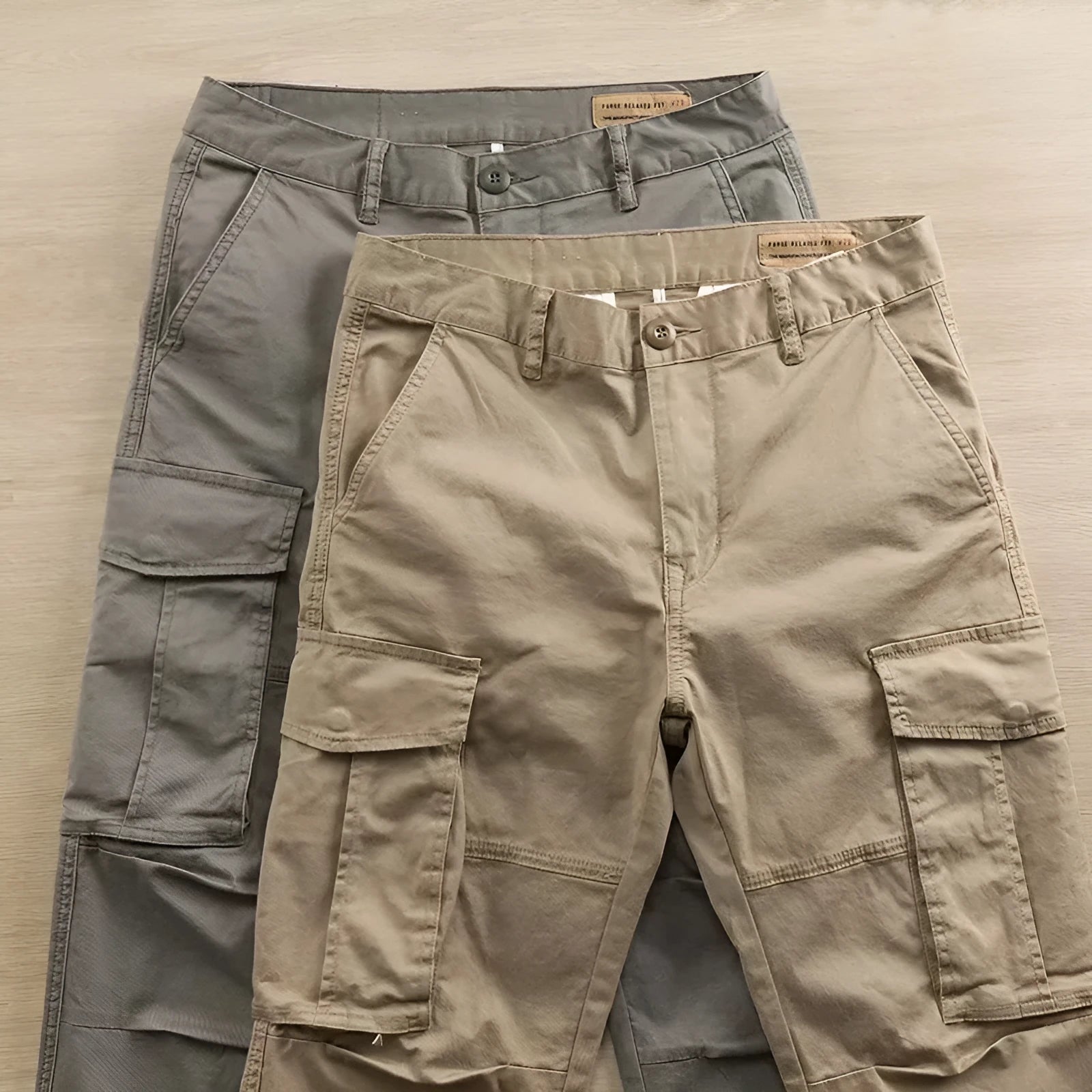 Man wearing khaki coloured multi-pocket cotton cropped work trousers.