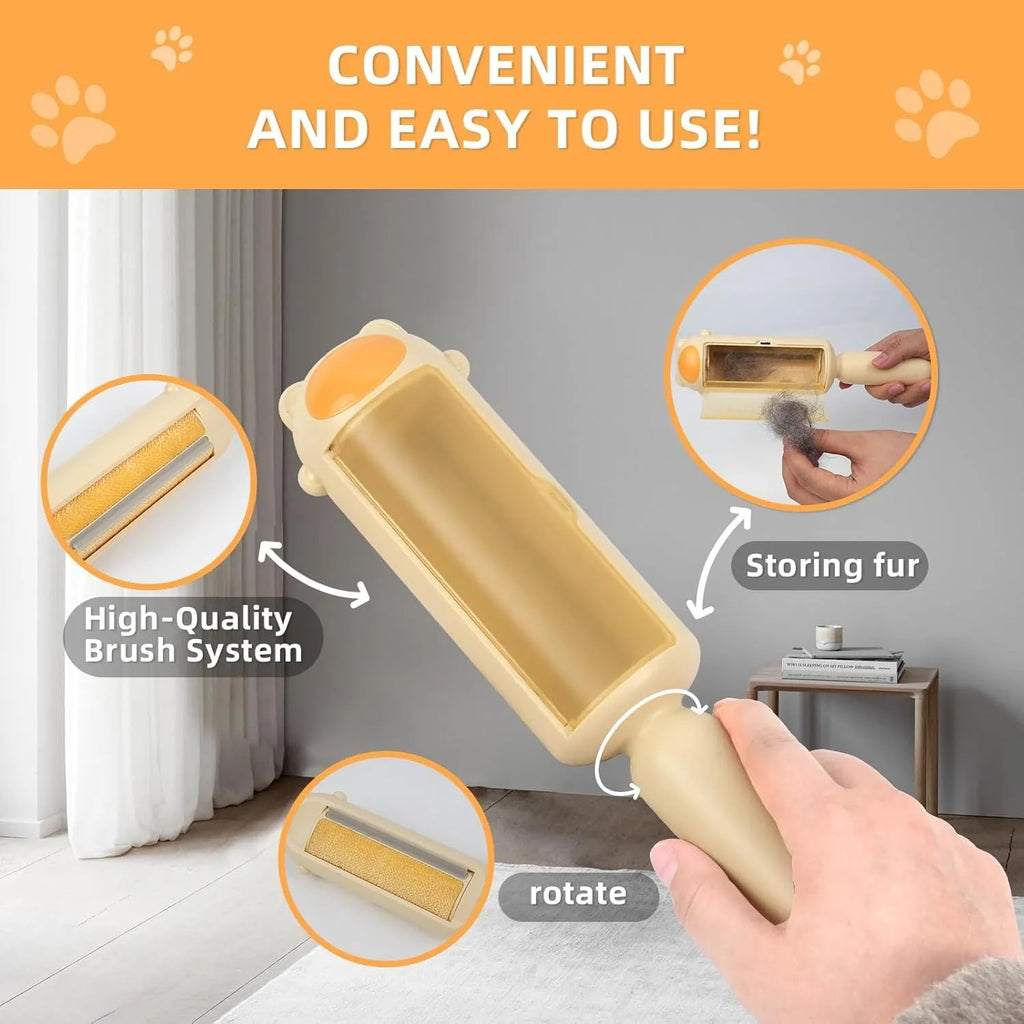 Blue reusable pet hair remover roller for furniture and car seats on a grey sofa