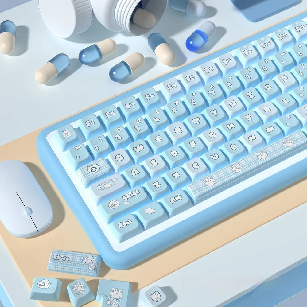 Watercolour kitten illustration custom keycap set for mechanical keyboard, showing multiple PTB keys with opaque legends.