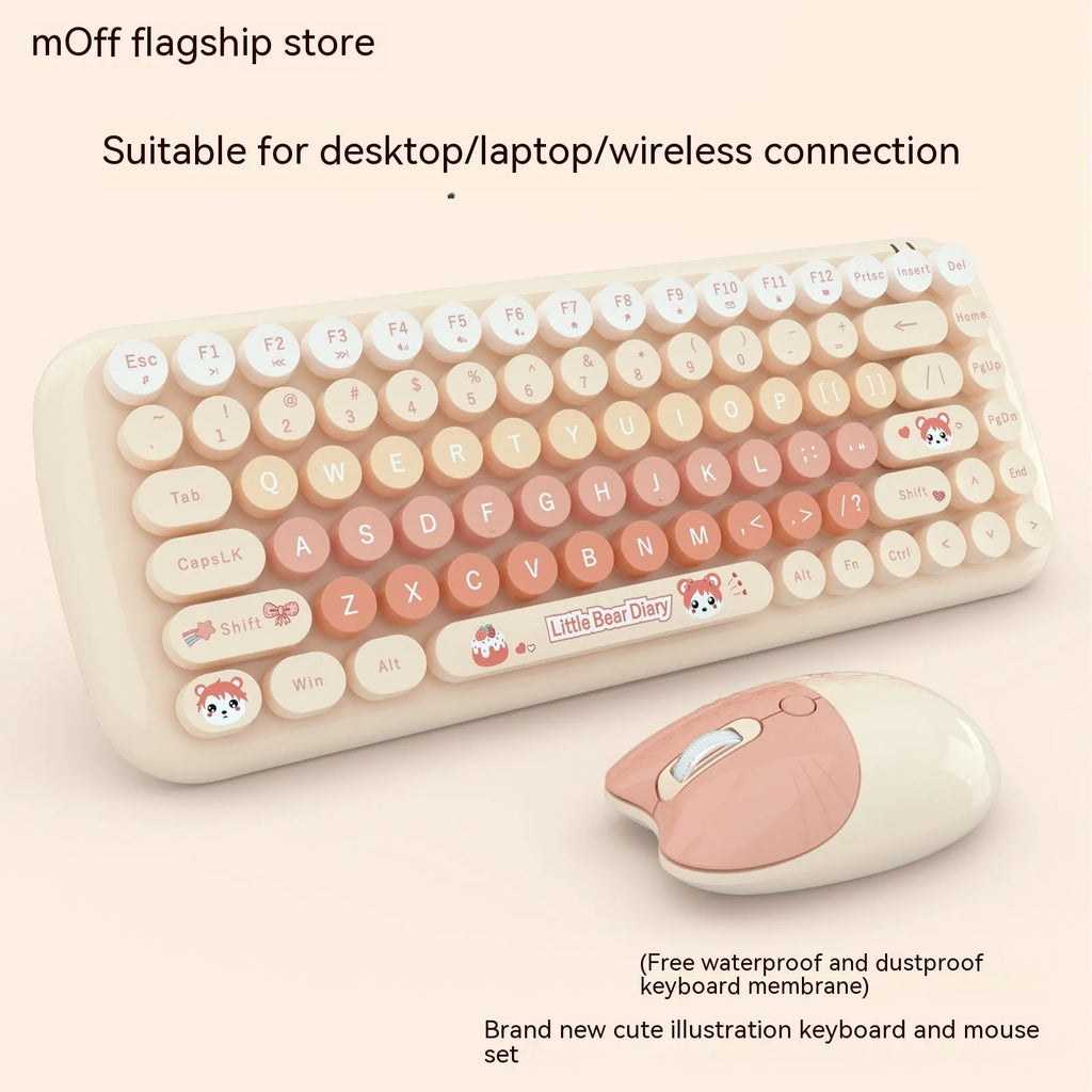 Pink miniature cartoon wireless keyboard and mouse set with USB receiver on desk