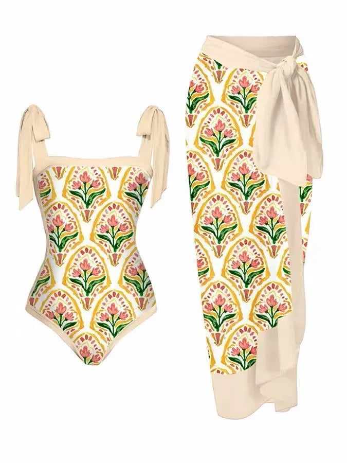 Women's floral print chiffon swimsuit with attached skirt in two-piece design