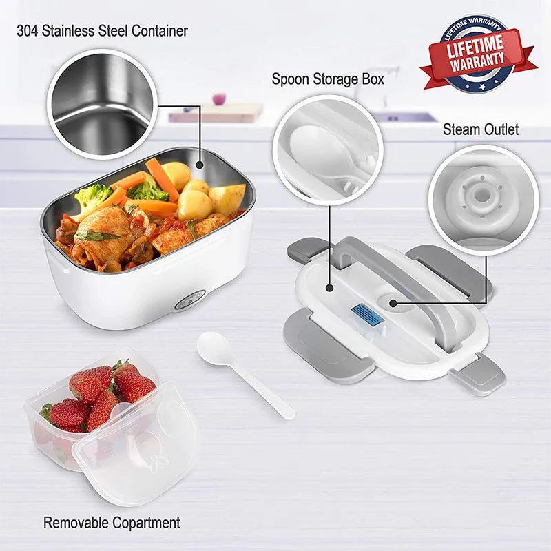 Grey electric lunch box with dual car and home power capability, 1.2 litre capacity, and choice of stainless steel or plastic inner tank
