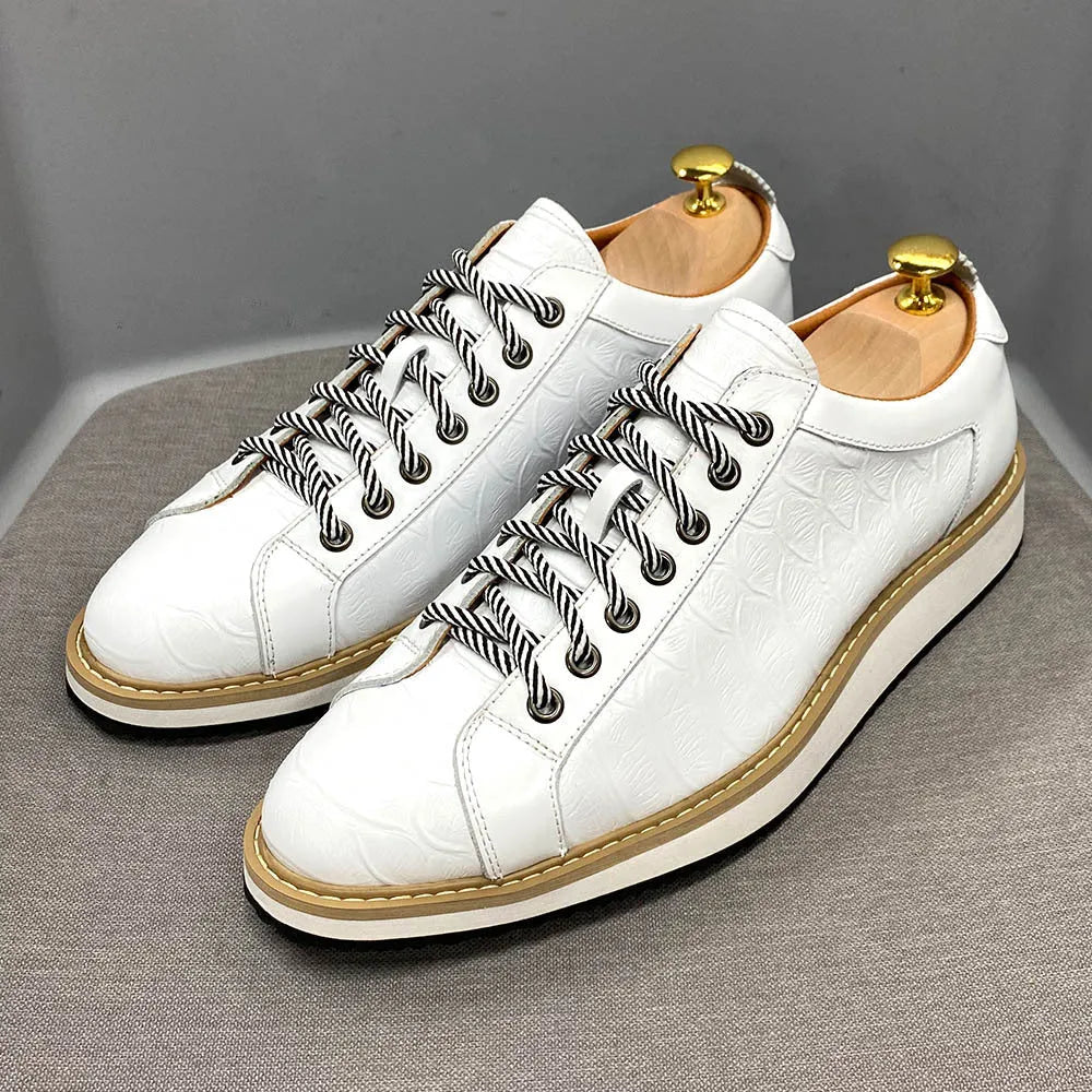 Handmade men's low top shoes with embossed pattern, front tie laces, in black, green, white, or grey.