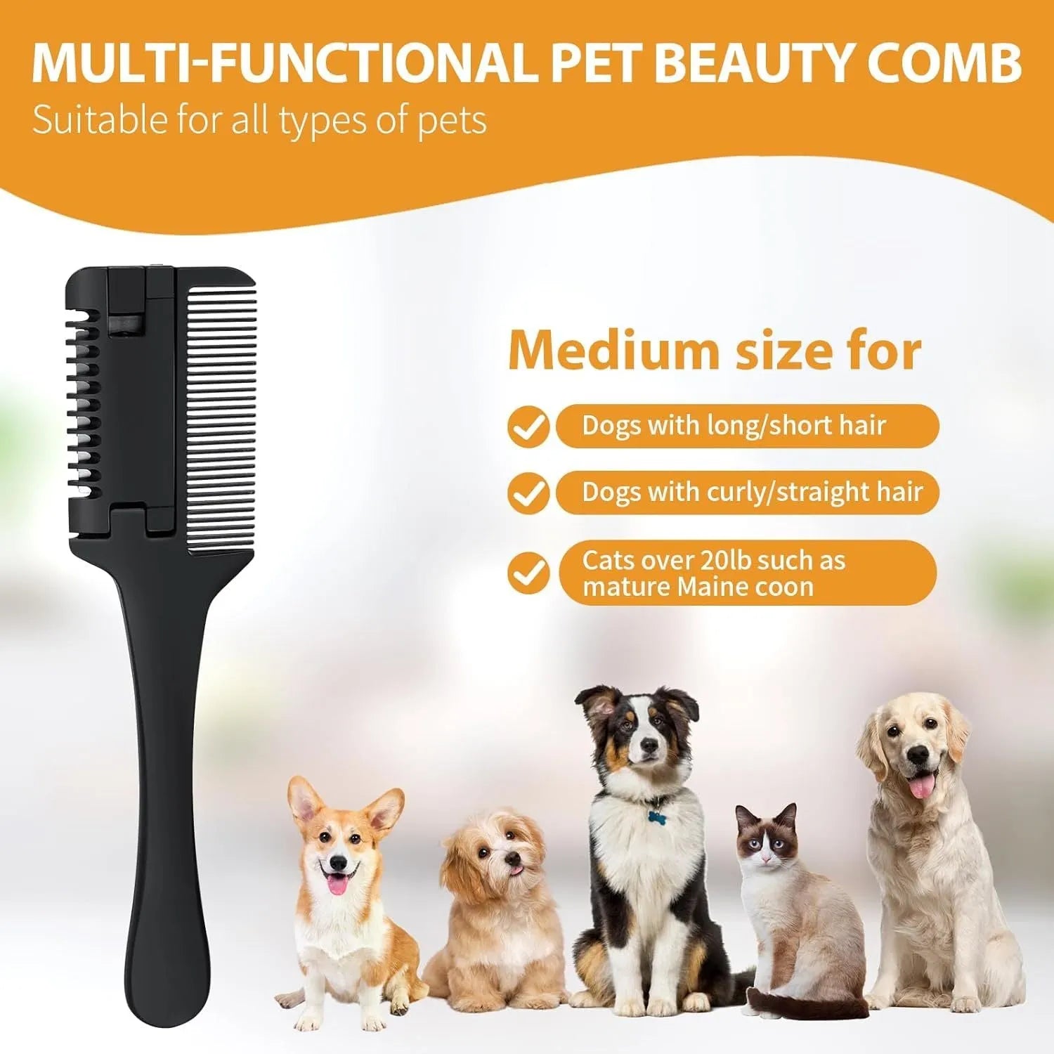 A pet razor comb grooming tool with a plastic handle and metal blade, shown with spare replacement blades.