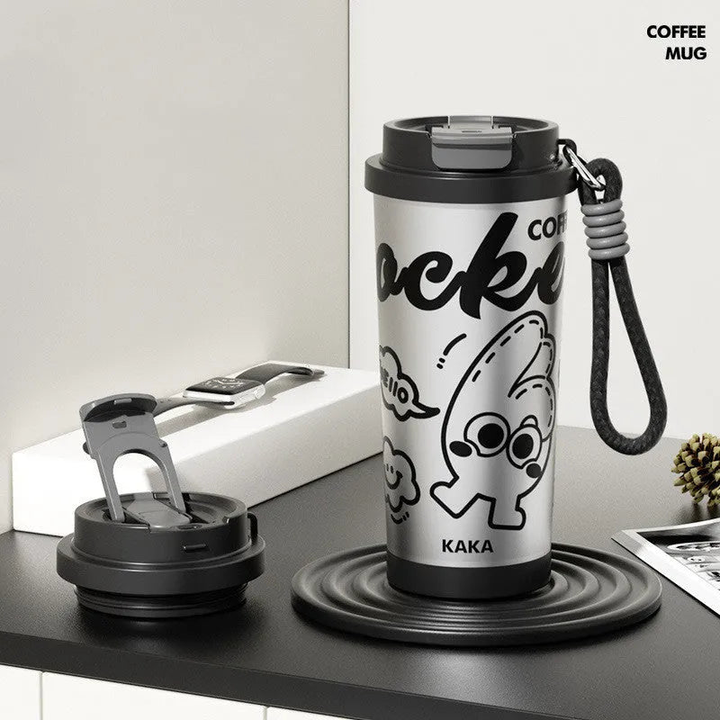 500ml stainless steel vacuum insulated travel cup in various colours showing heat retention capability