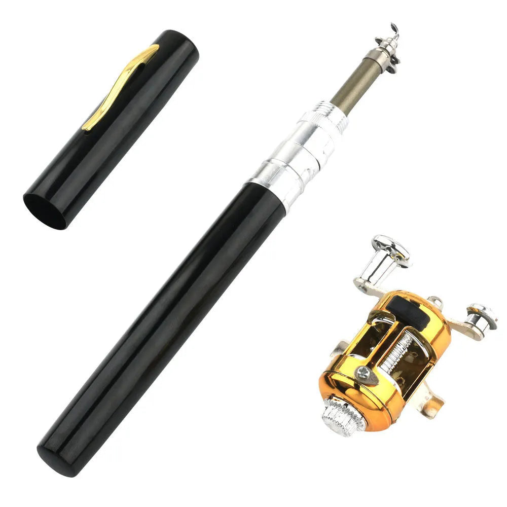 Portable telescopic pen fishing rod kit in aluminium case with ST5RL reel, extended to 1 metre.