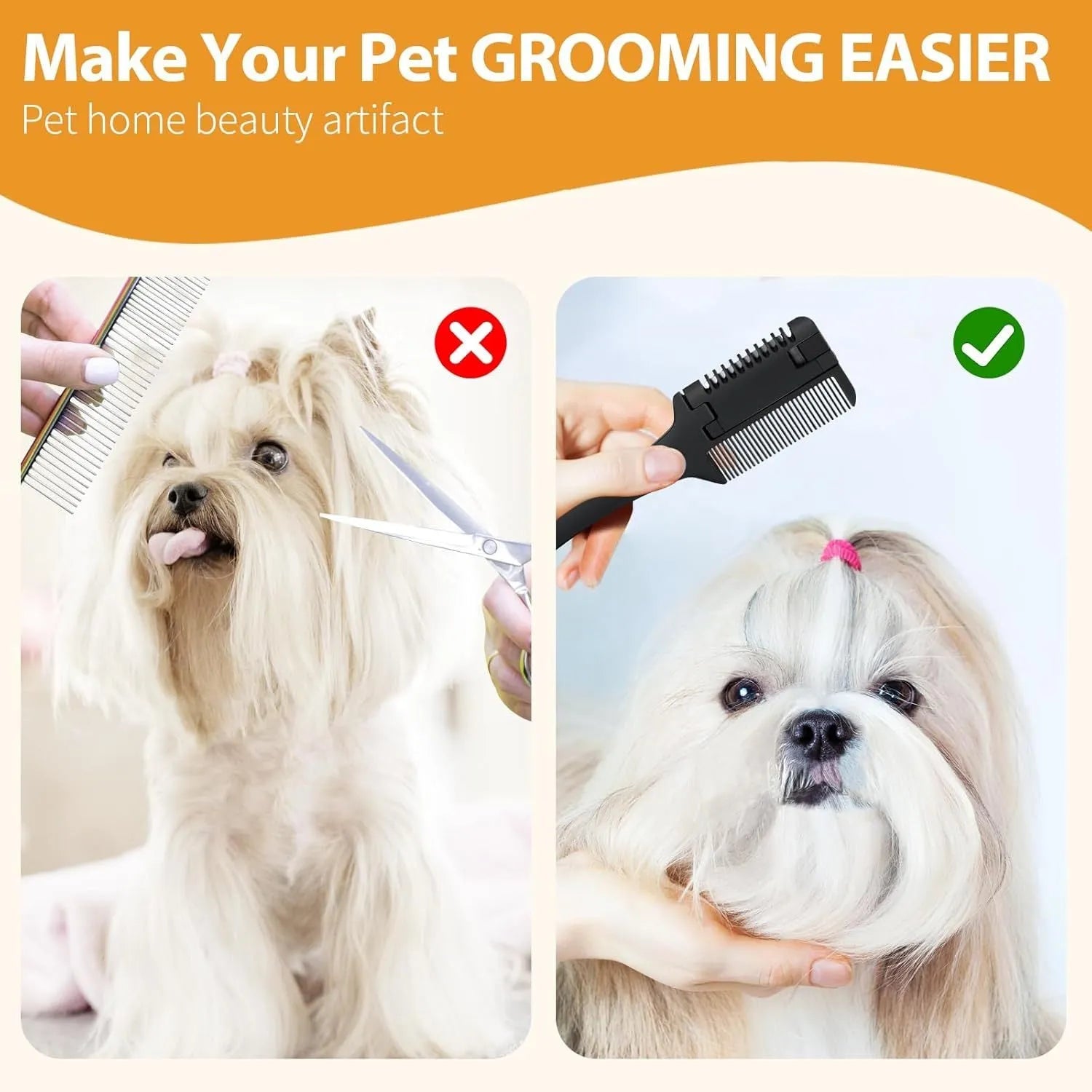 A pet razor comb grooming tool with a plastic handle and metal blade, shown with spare replacement blades.