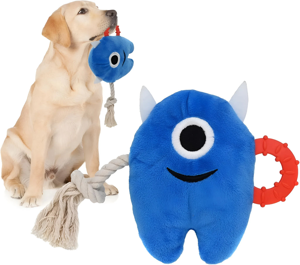 Large blue and green monster plush dog toy with integrated cotton rope sections for chewing and tug of war