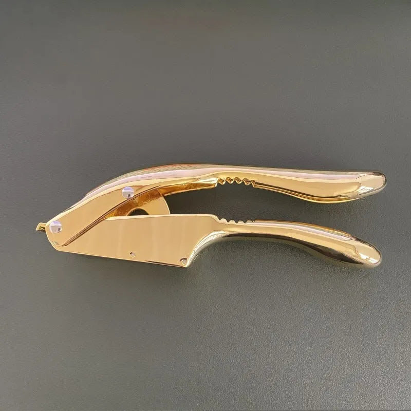 Two-in-one aluminium alloy garlic press with silicone peeler cleaning brush on a kitchen surface