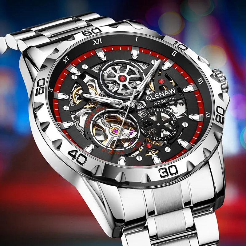 Men's automatic mechanical watch with hollow-out design showing movement through transparent back