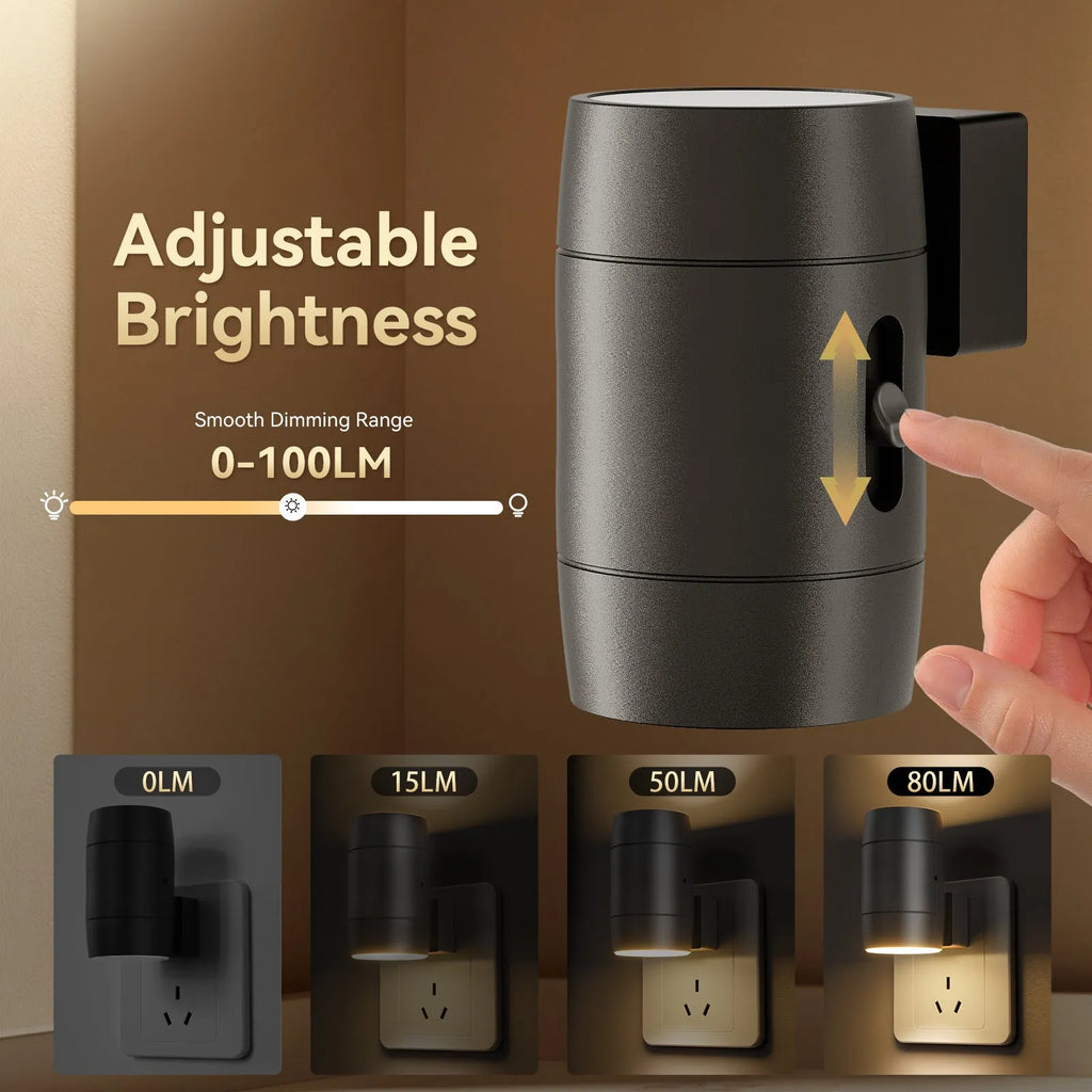 White plug-in rotatable night lamp with induction sensor and adjustable brightness control dial.