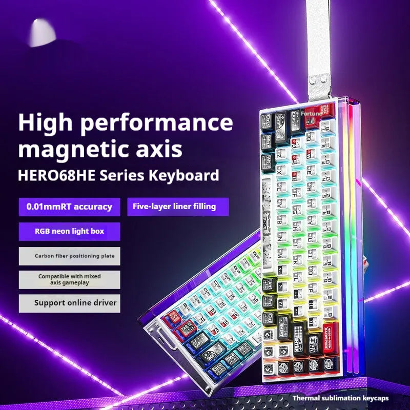 Magnetic axis RGB mechanical keyboard showing side engraving detail and multi-colour backlighting.
