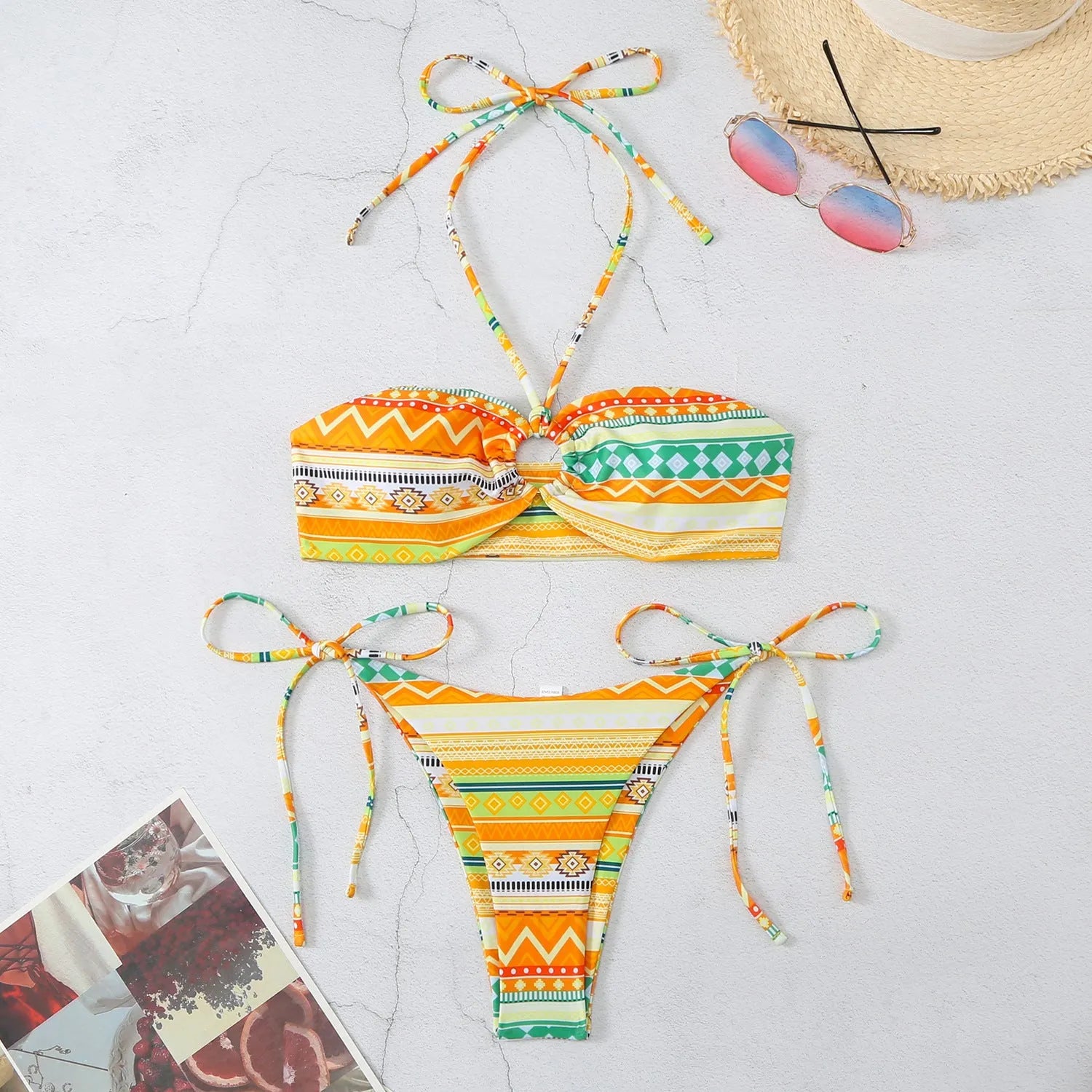 Women's halter-neck split bikini swimsuit in polyester fabric available in multiple colours