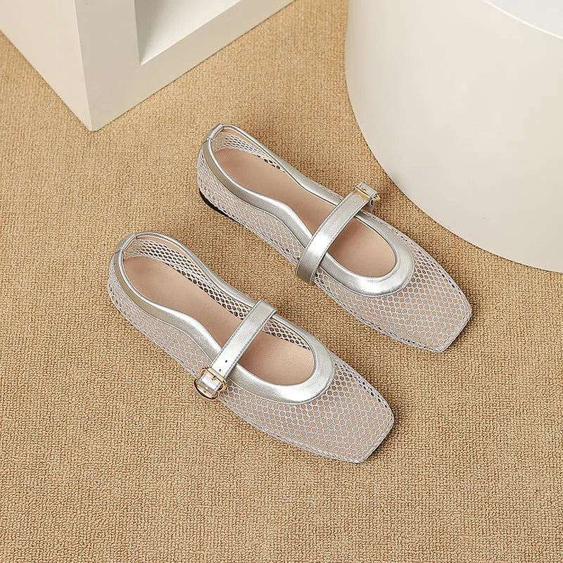 Women's black mesh summer shoes with square toe, low heel, and buckle fastening