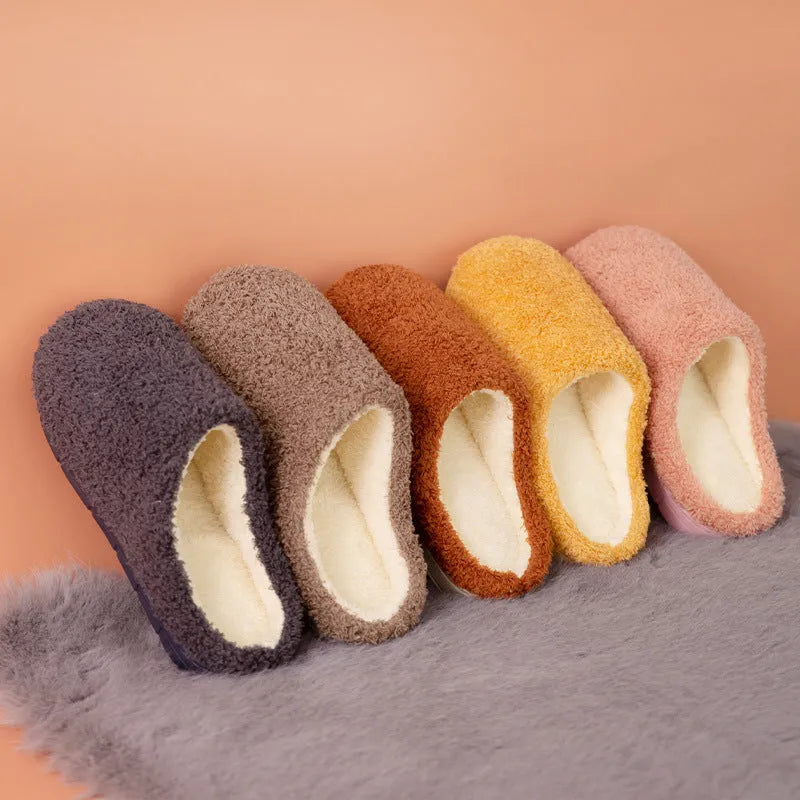 Furry suede thickened non-slip bedroom slippers in caramel colour on tiled floor