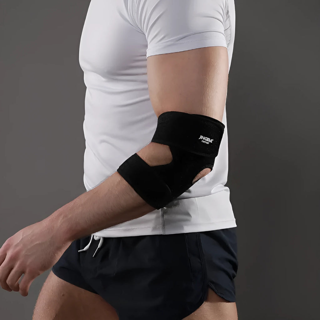 A black adjustable sports elbow guard worn on an arm, suitable for badminton and basketball.