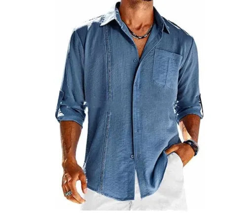 Men's grey long sleeve shirt with polo collar lace detail and button front.