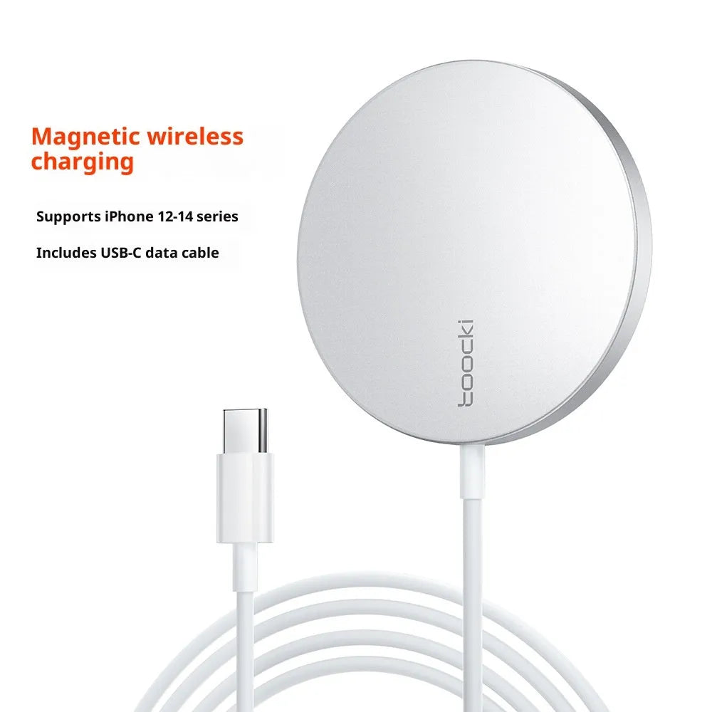White simulation Apple style 15W strong magnetic suction wireless charger on a desk