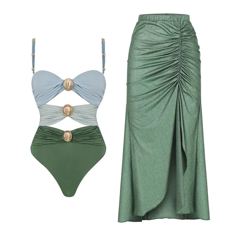 Women's high waist two-piece bikini swimsuit in yellow or green colour with split design