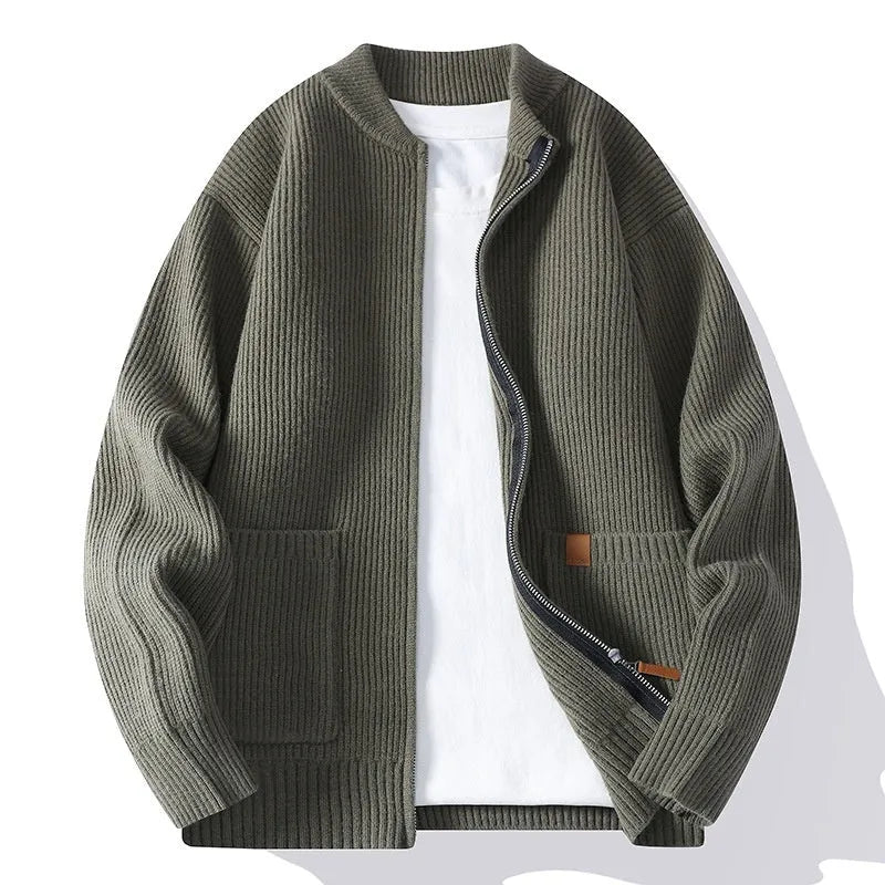Men's straight cut striped sweater cardigan in a chemical fibre blend fabric, shown in beige colour.