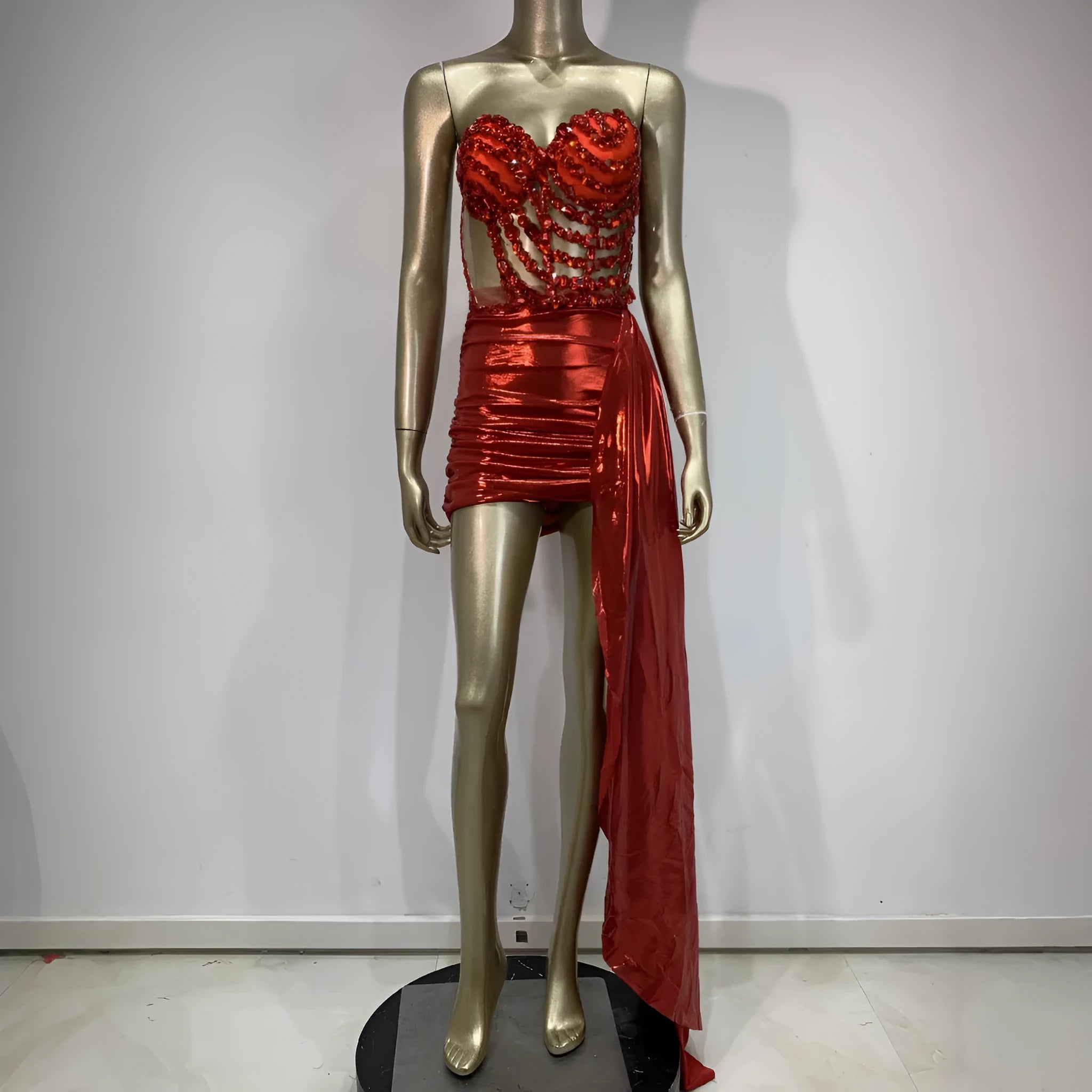Red spandex stage costume skirt suit with mesh see-through panels for banquet performances
