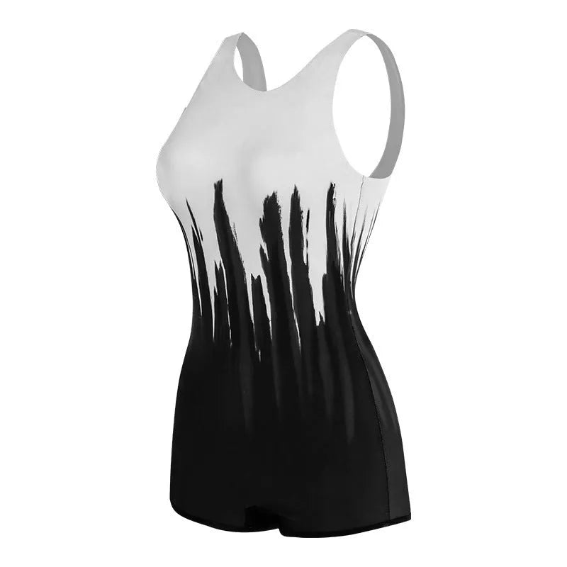 Black conservative one-piece ladies swimsuit with printed pattern for swimming