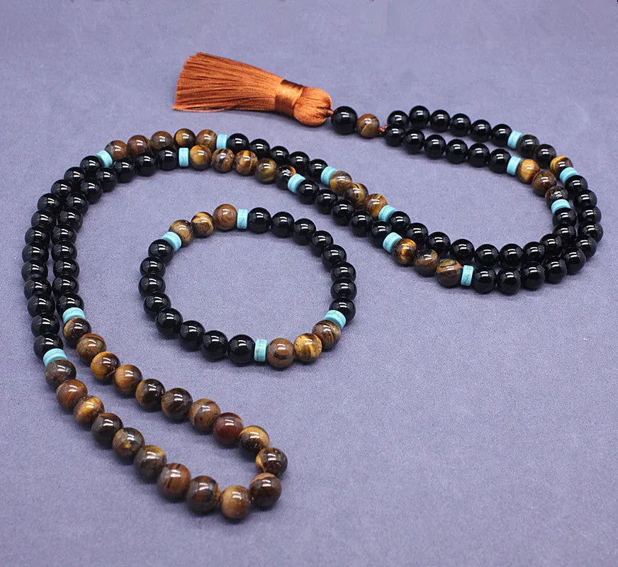 Natural agate and tiger's eye stone geometric jewellery set with bracelet and necklace