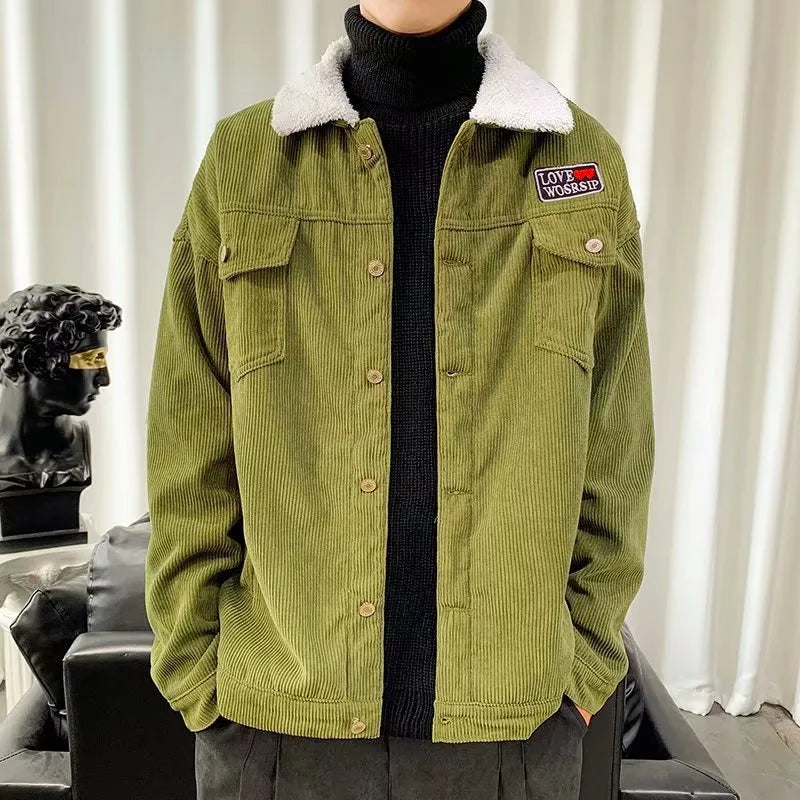 Men's loose fit corduroy workwear jacket in khaki colour with stick pockets and regular sleeves