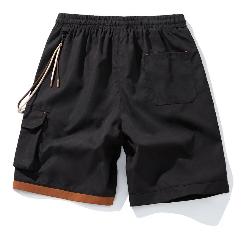 Men's plus size loose sports shorts in black, blue, coffee, and white featuring high waist and bamboo fiber fabric.
