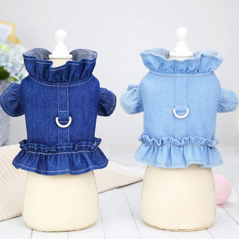 Dark blue denim pet dress with ruffles and a back leash hook for dogs