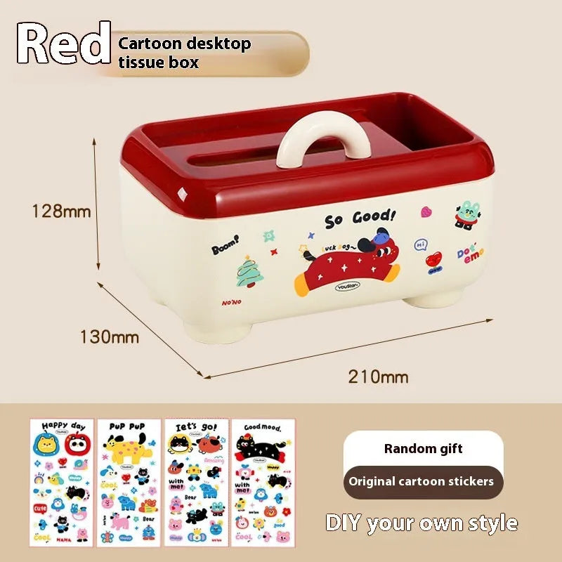 Red and brown cartoon-style desktop storage organiser with grid pattern and sticker set for labelling.