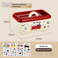 Red and brown cartoon-style desktop storage organiser with grid pattern and sticker set for labelling.