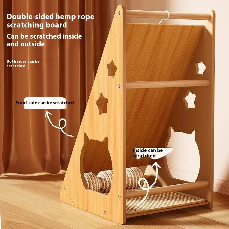 Vertical wall-mount cat scratch board with sisal fabric, hemp rope, and integrated teasing ball