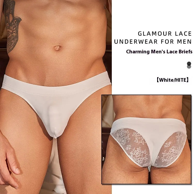Black and white men's hip briefs made from shark skin lace polyester fabric.