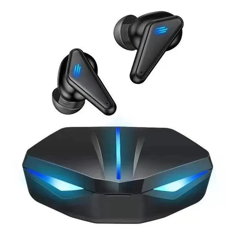 X15 black wireless in-ear Bluetooth gaming headset with charging case on a grey background.