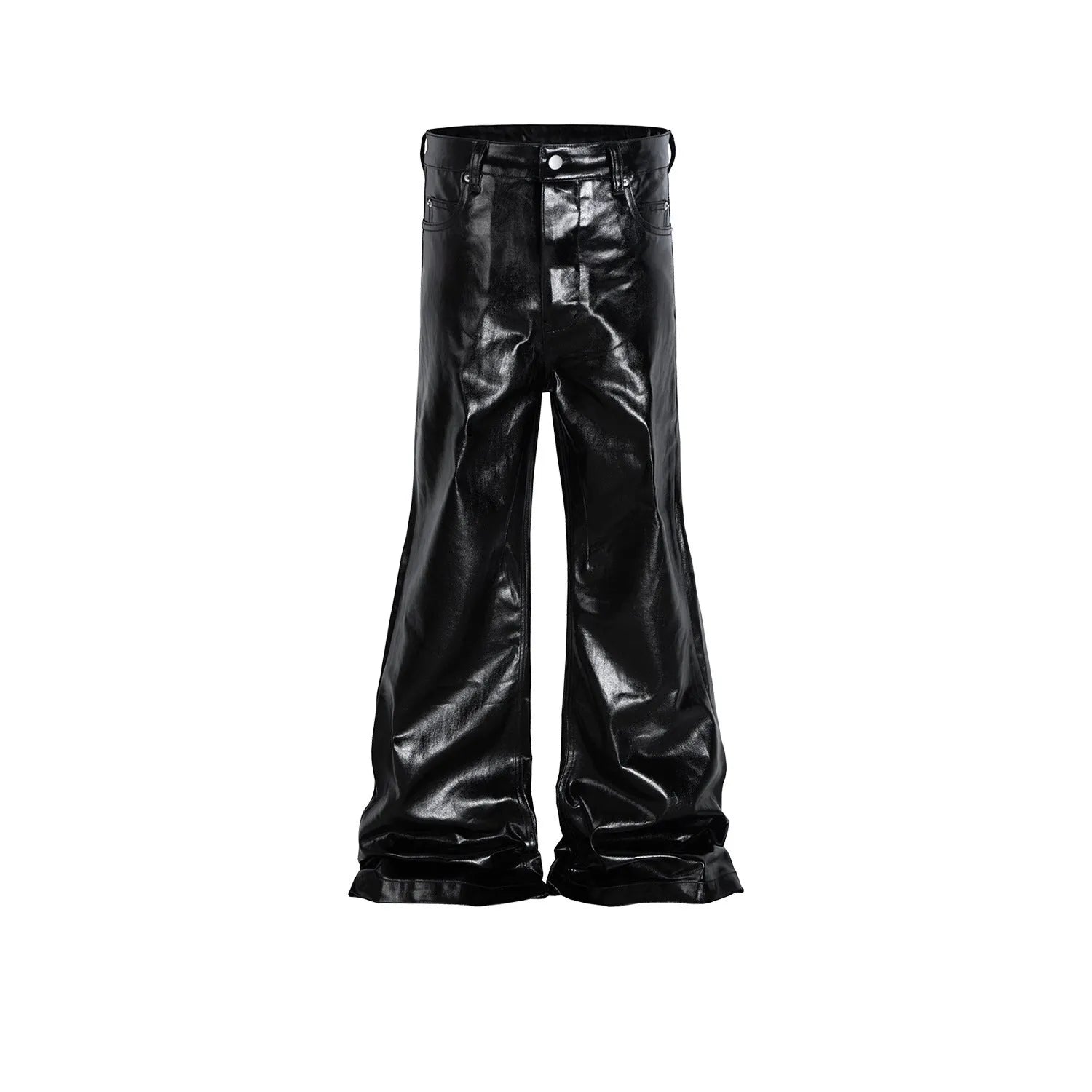 Black coated patent leather skinny jeans in a straight-leg cut on a model.